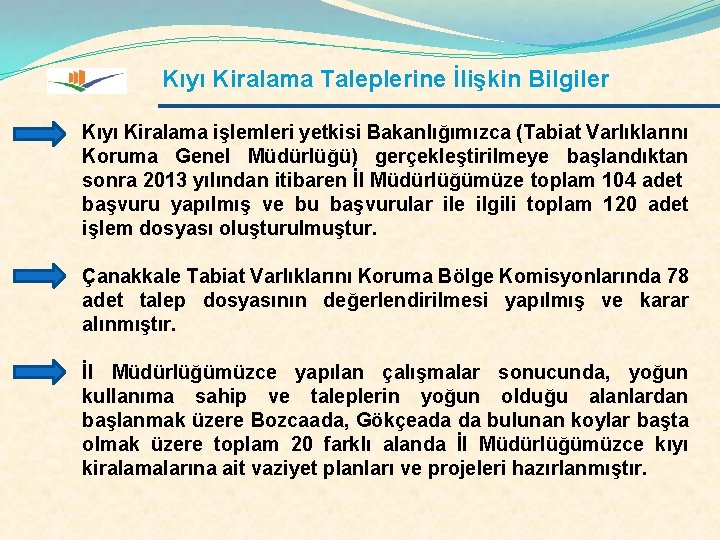 Kıyı Kiralama Taleplerine İlişkin Bilgiler Kıyı Kiralama işlemleri yetkisi Bakanlığımızca (Tabiat Varlıklarını Koruma Genel