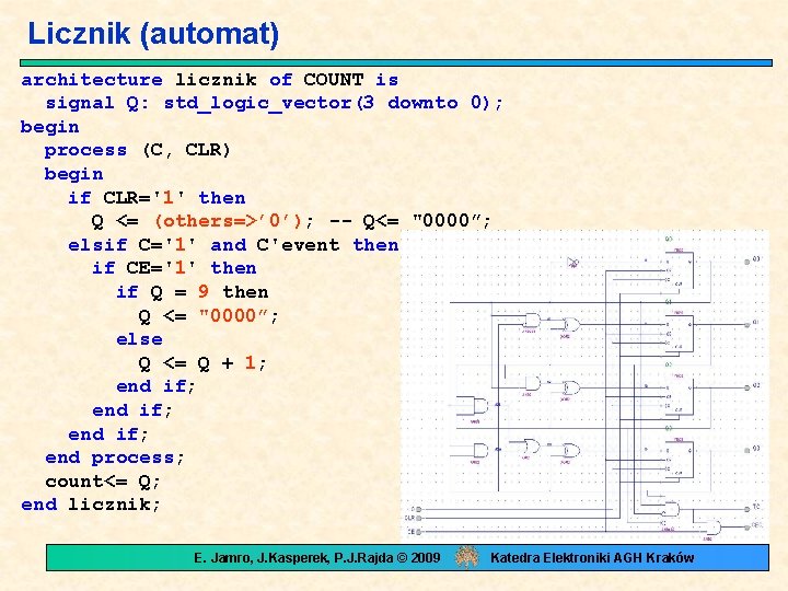 Licznik (automat) architecture licznik of COUNT is signal Q: std_logic_vector(3 downto 0); begin process