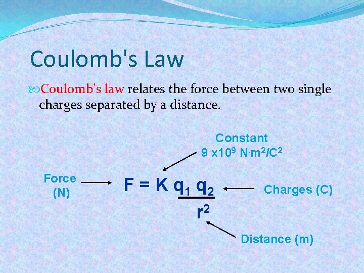 Coulomb's Law Coulomb’s law relates the force between two single charges separated by a
