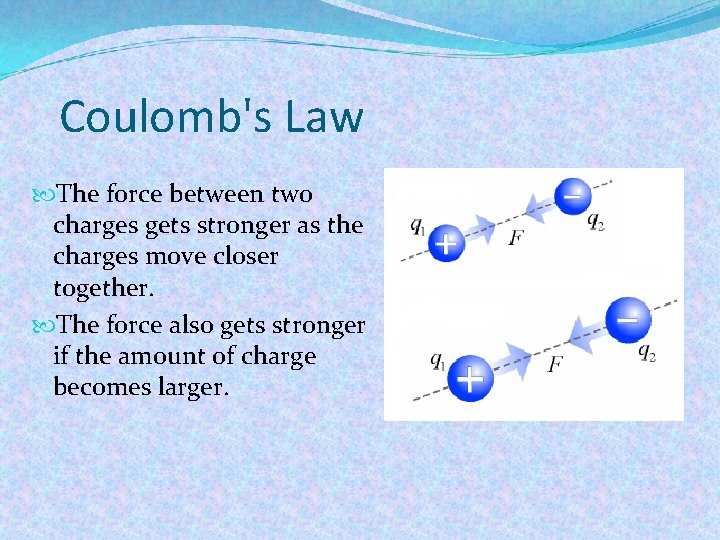 Coulomb's Law The force between two charges gets stronger as the charges move closer
