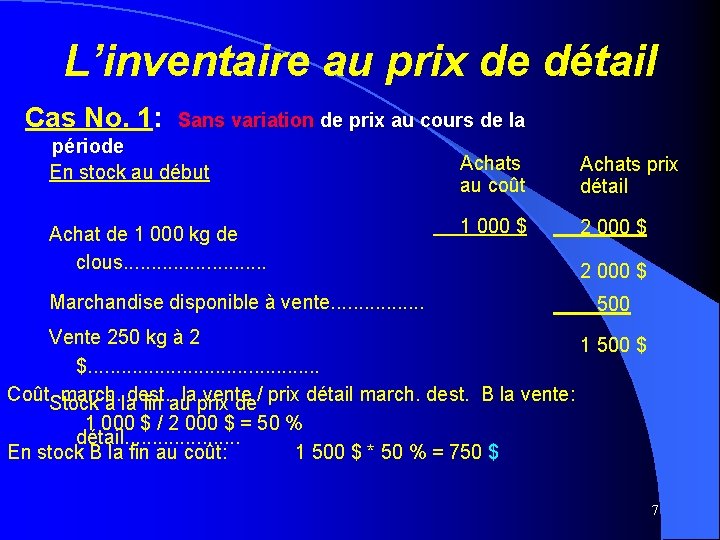 L’inventaire au prix de détail Cas No. 1: Sans variation de prix au cours