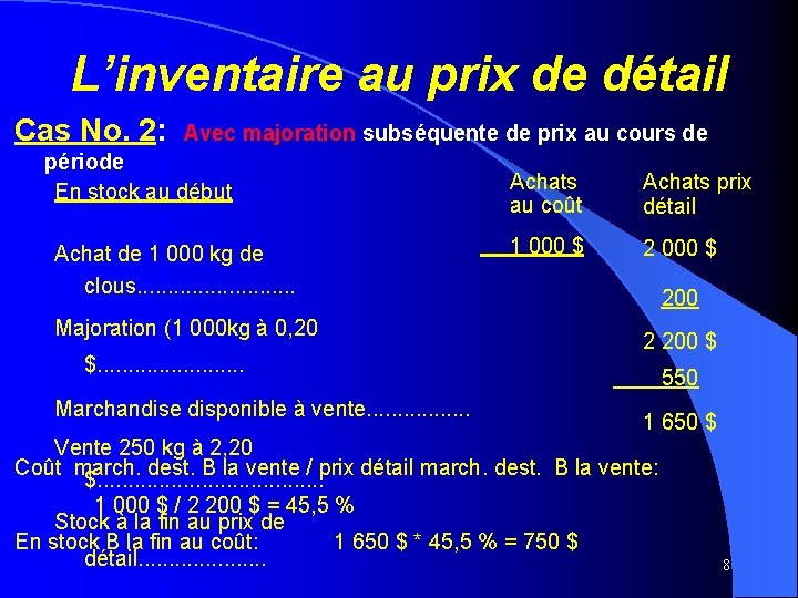 L’inventaire au prix de détail Cas No. 2: Avec majoration subséquente de prix au