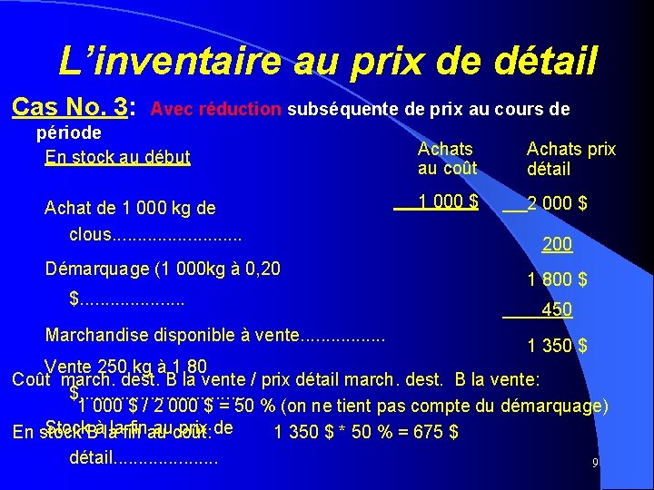 L’inventaire au prix de détail Cas No. 3: Avec réduction subséquente de prix au