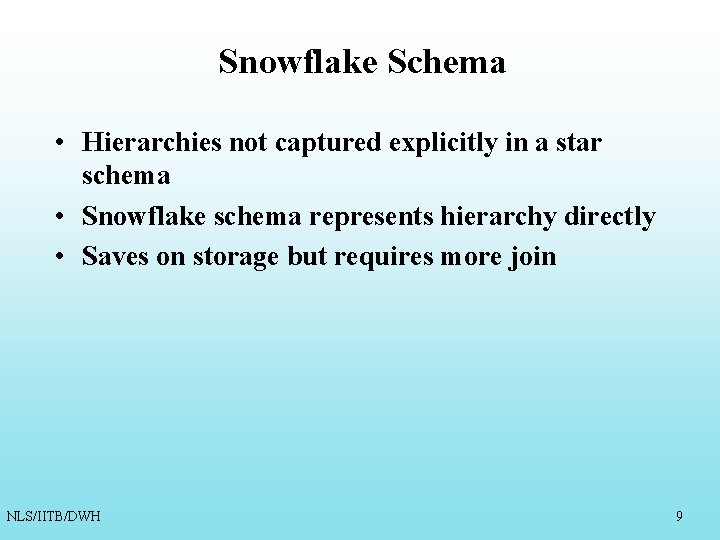 Snowflake Schema • Hierarchies not captured explicitly in a star schema • Snowflake schema Snowflake Schema • Hierarchies not captured explicitly in a star schema • Snowflake schema