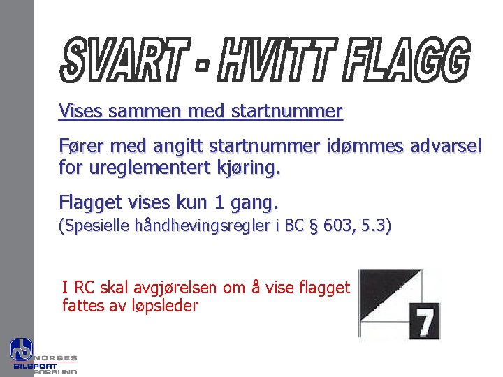 Vises sammen med startnummer Fører med angitt startnummer idømmes advarsel for ureglementert kjøring. Flagget