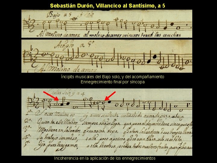 Sebastián Durón, Villancico al Santísimo, a 5 Íncipits musicales del Bajo solo, y del