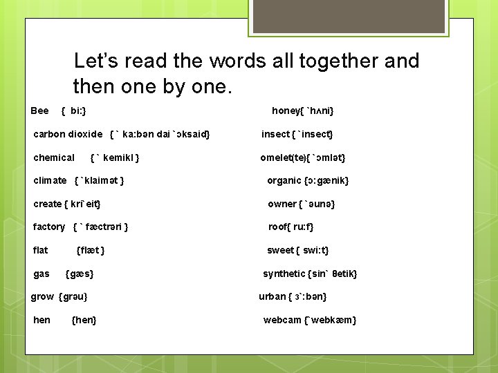 Let’s read the words all together and then one by one. Bee { bi: