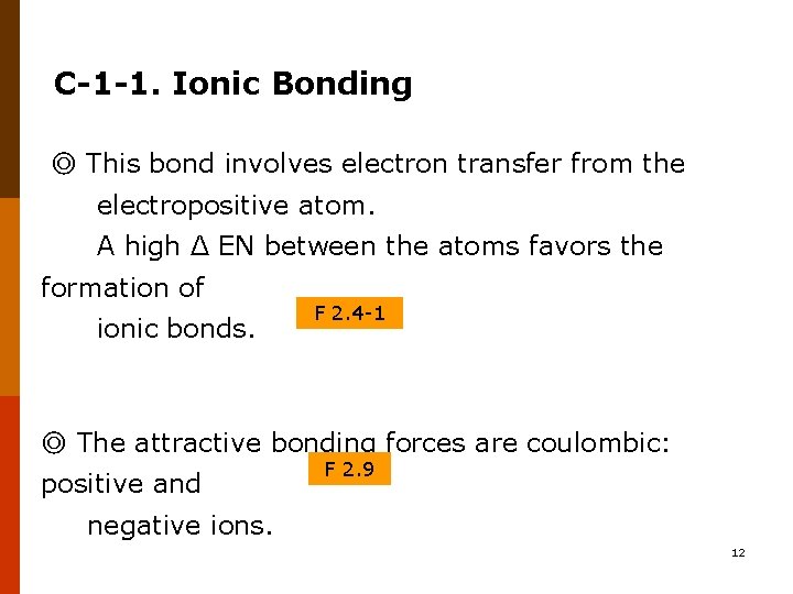 C-1 -1. Ionic Bonding ◎ This bond involves electron transfer from the electropositive atom.