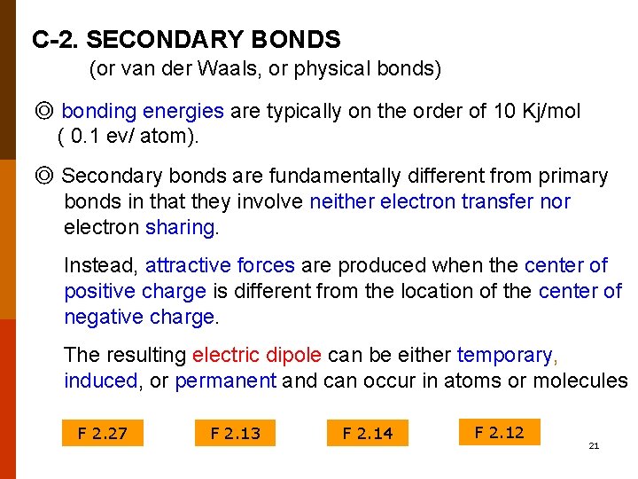 C-2. SECONDARY BONDS (or van der Waals, or physical bonds) ◎ bonding energies are