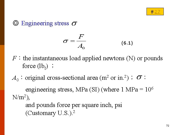 ＃27 ◎ Engineering stress (6. 1) F：the instantaneous load applied newtons (N) or pounds