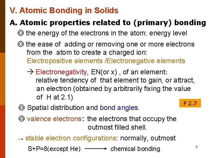 V. Atomic Bonding in Solids A. Atomic properties related to (primary) bonding ◎ the