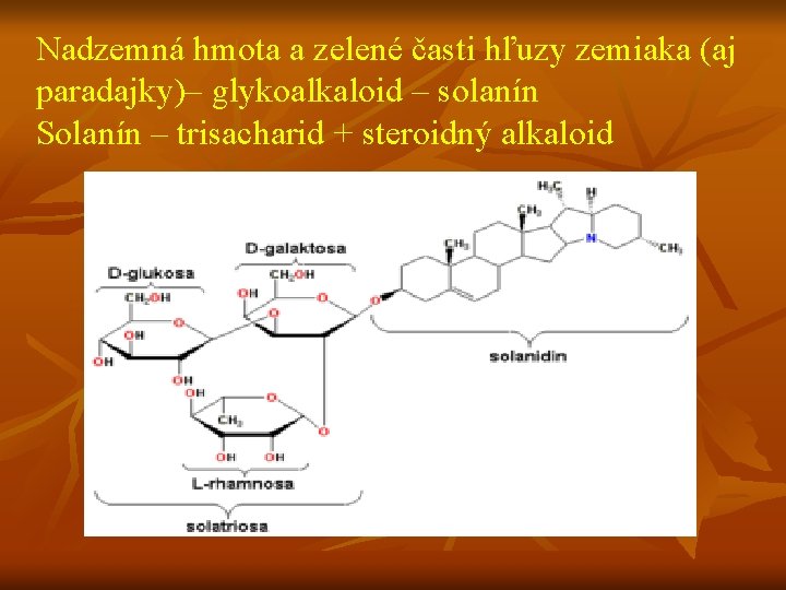 Nadzemná hmota a zelené časti hľuzy zemiaka (aj paradajky)– glykoalkaloid – solanín Solanín –