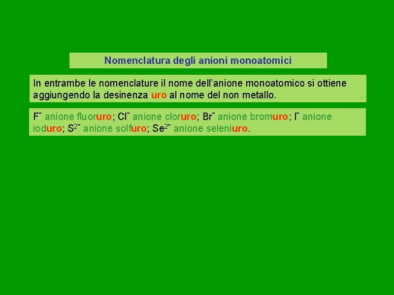 Nomenclatura degli anioni monoatomici In entrambe le nomenclature il nome dell’anione monoatomico si ottiene