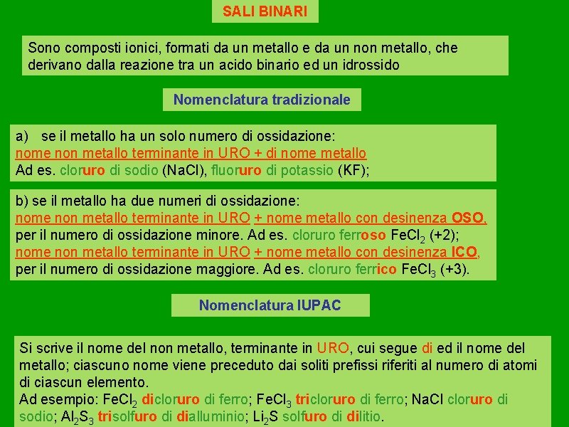 SALI BINARI Sono composti ionici, formati da un metallo e da un non metallo,