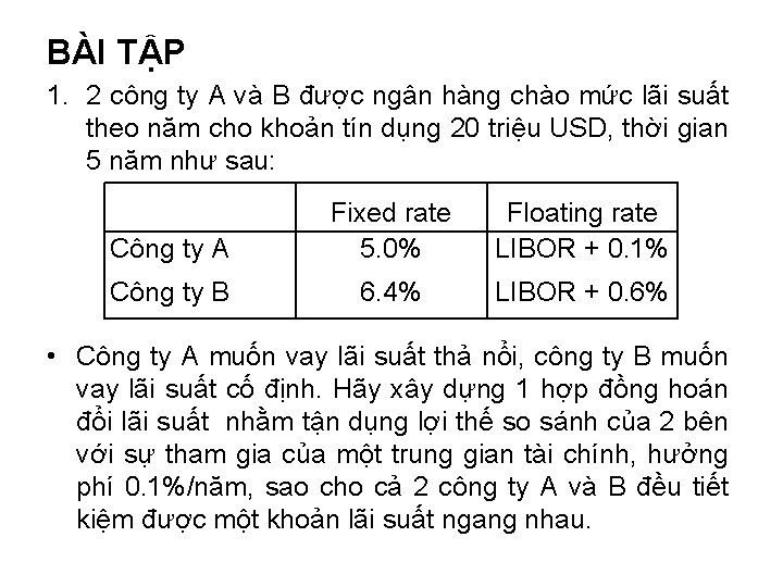 BÀI TẬP 1. 2 công ty A và B được ngân hàng chào mức