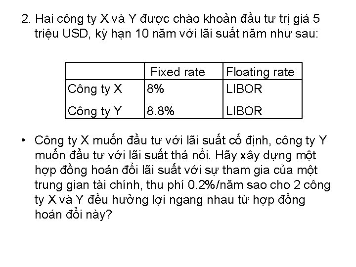 2. Hai công ty X và Y được chào khoản đầu tư trị giá