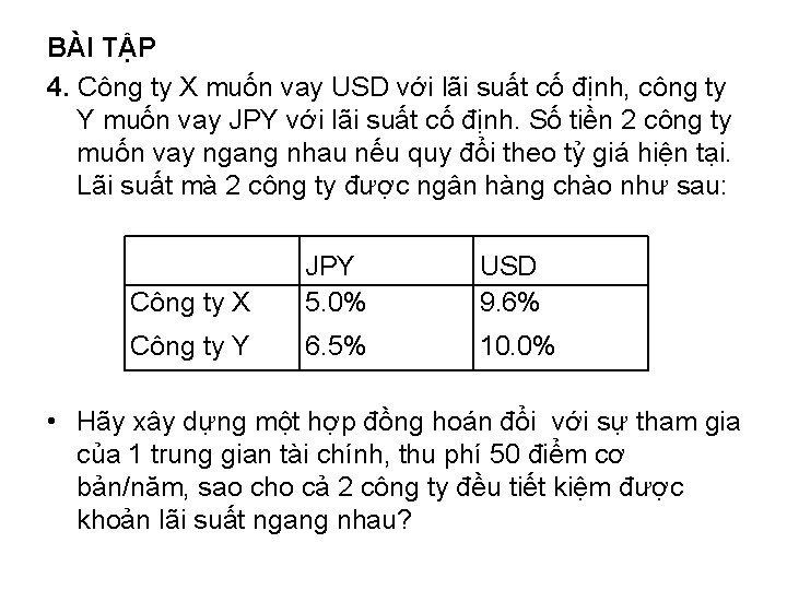 BÀI TẬP 4. Công ty X muốn vay USD với lãi suất cố định,