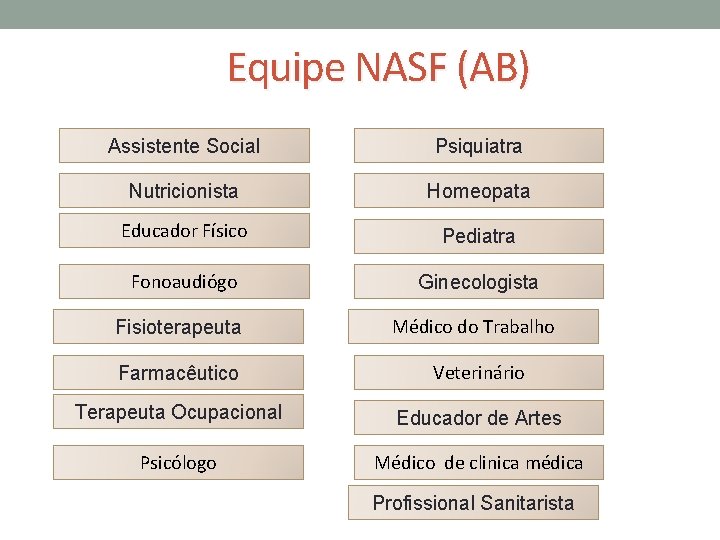 Equipe NASF (AB) Assistente Social Psiquiatra Nutricionista Homeopata Educador Físico Pediatra Fonoaudiógo Ginecologista Fisioterapeuta