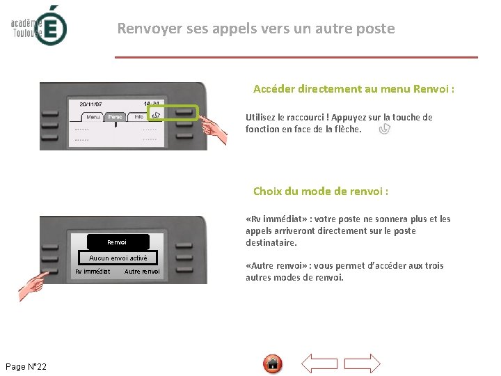  Renvoyer ses appels vers un autre poste Accéder directement au menu Renvoi :