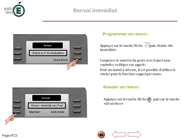  Renvoi immédiat Programmer un renvoi : Renvoi Entrez le n° du destinataire Appel