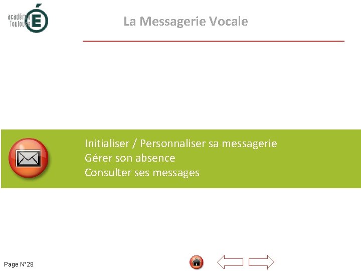  La Messagerie Vocale Initialiser / Personnaliser sa messagerie Gérer son absence Consulter ses