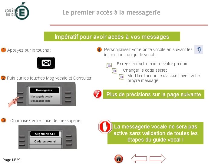  Le premier accès à la messagerie Impératif pour avoir accès à vos messages