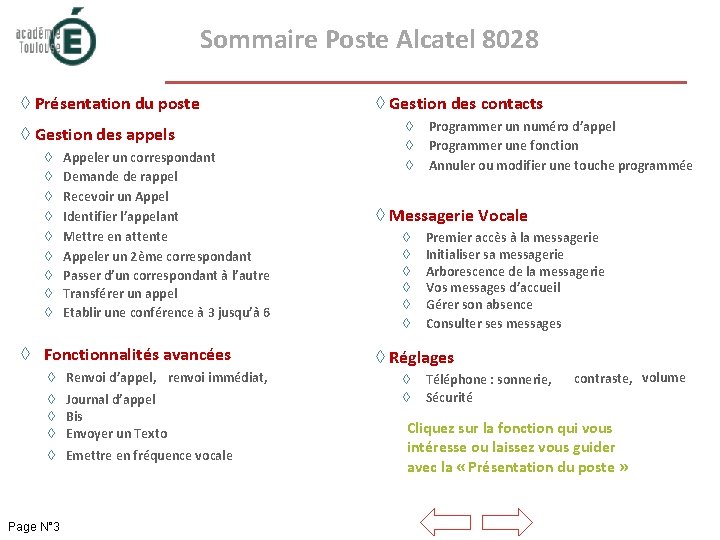  Sommaire Poste Alcatel 8028 ◊ Présentation du poste ◊ Gestion des appels ◊