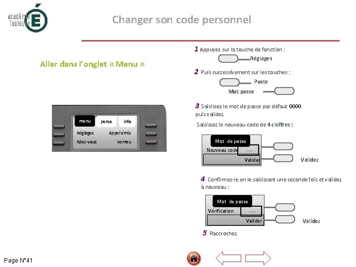  Changer son code personnel 1 Appuyez sur la touche de fonction : Aller