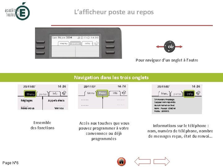  L’afficheur poste au repos ok Pour naviguer d’un onglet à l’autre Navigation dans