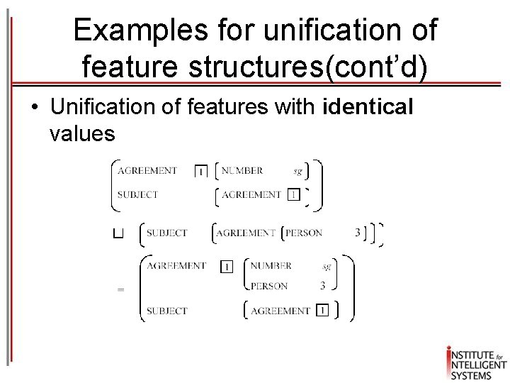Examples for unification of feature structures(cont’d) • Unification of features with identical values Examples for unification of feature structures(cont’d) • Unification of features with identical values