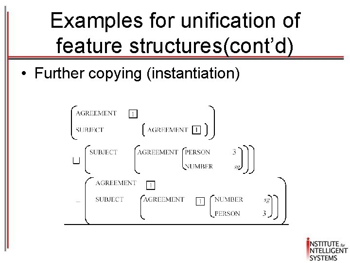 Examples for unification of feature structures(cont’d) • Further copying (instantiation) Examples for unification of feature structures(cont’d) • Further copying (instantiation)