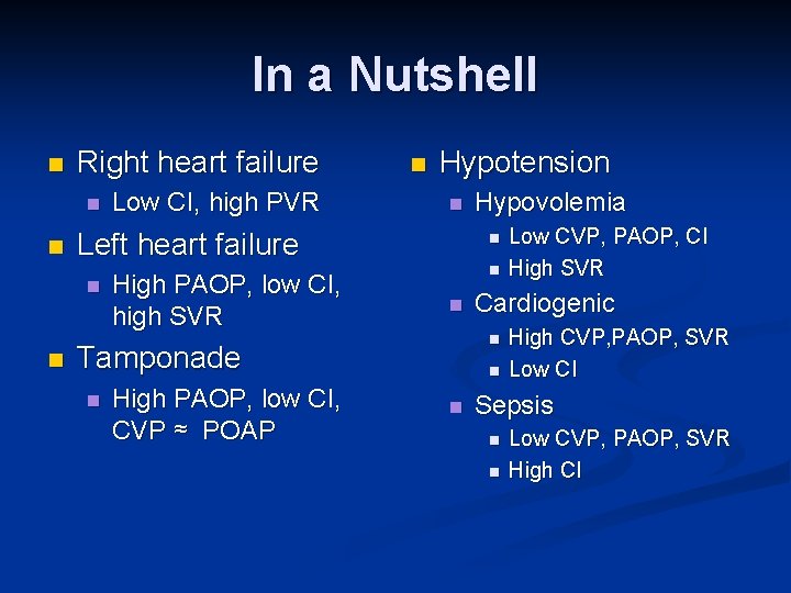 In a Nutshell n Right heart failure n n Hypotension n Left heart failure