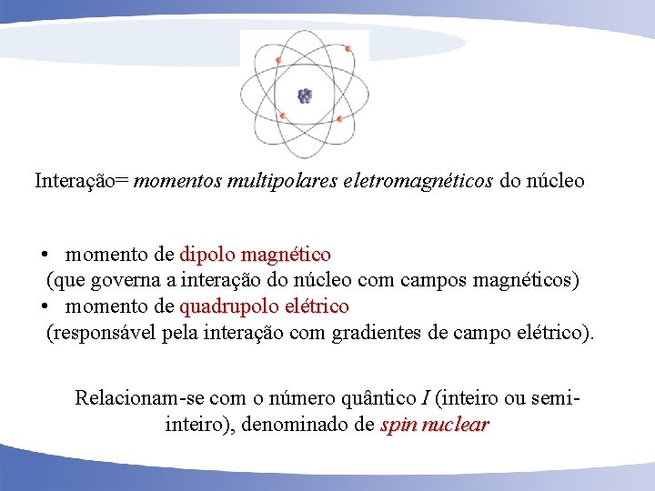 Interação= momentos multipolares eletromagnéticos do núcleo • momento de dipolo magnético (que governa a