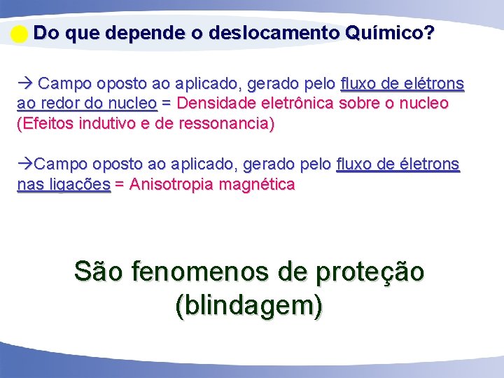  Do que depende o deslocamento Químico? Campo oposto ao aplicado, gerado pelo fluxo