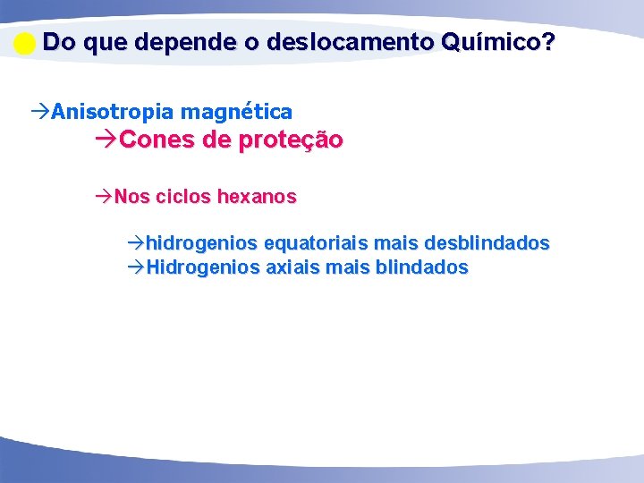  Do que depende o deslocamento Químico? Anisotropia magnética Cones de proteção Nos ciclos