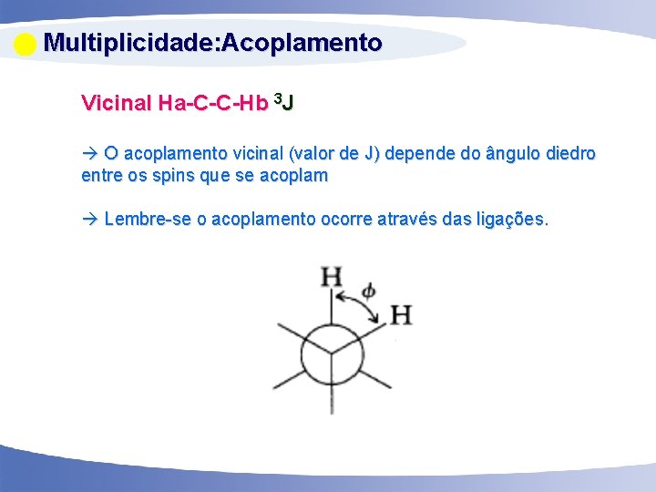  Multiplicidade: Acoplamento Vicinal Ha-C-C-Hb 3 J O acoplamento vicinal (valor de J) depende