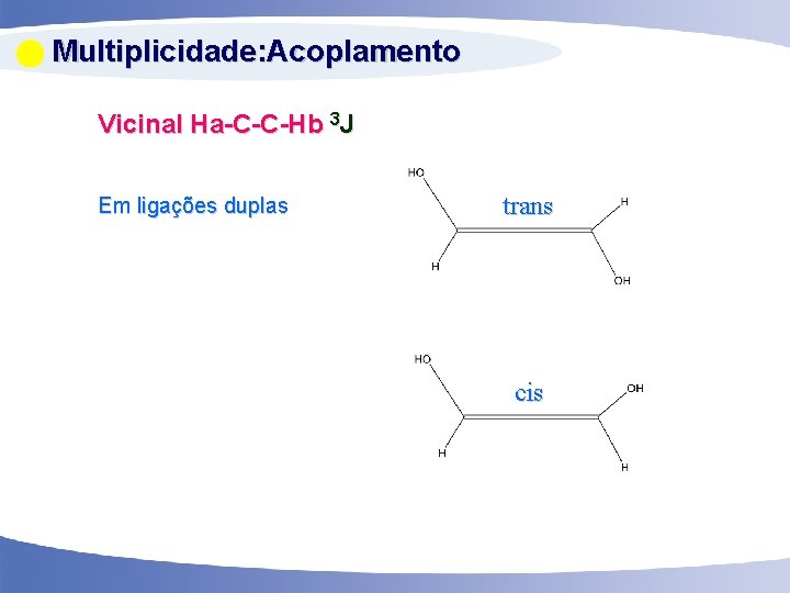  Multiplicidade: Acoplamento Vicinal Ha-C-C-Hb 3 J Em ligações duplas trans cis 69 