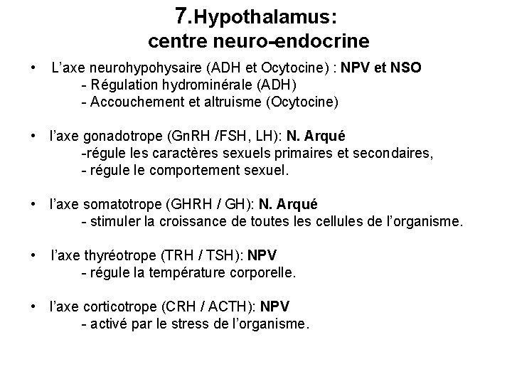 7. Hypothalamus: centre neuro-endocrine • L’axe neurohypohysaire (ADH et Ocytocine) : NPV et NSO