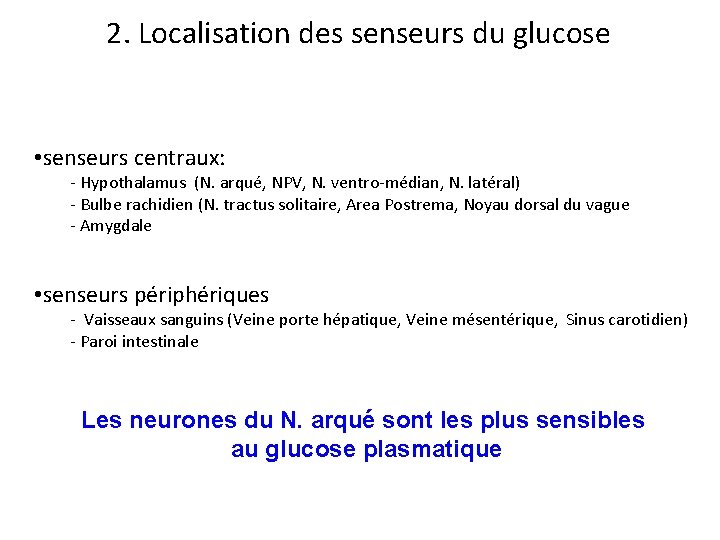 2. Localisation des senseurs du glucose • senseurs centraux: - Hypothalamus (N. arqué, NPV,