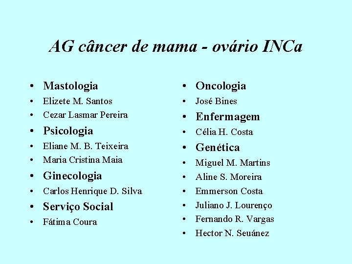 AG câncer de mama - ovário INCa • Mastologia • Oncologia • Elizete M.