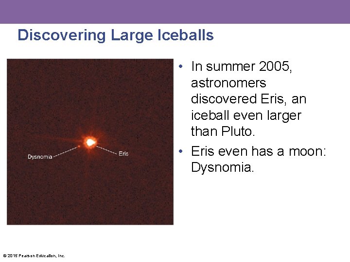 Discovering Large Iceballs • In summer 2005, astronomers discovered Eris, an iceball even larger