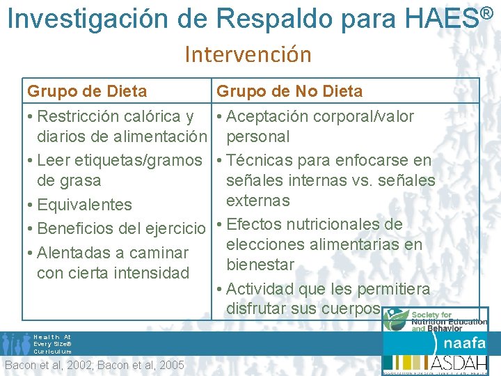 Investigación de Respaldo para HAES® Intervención Grupo de Dieta Grupo de No Dieta •