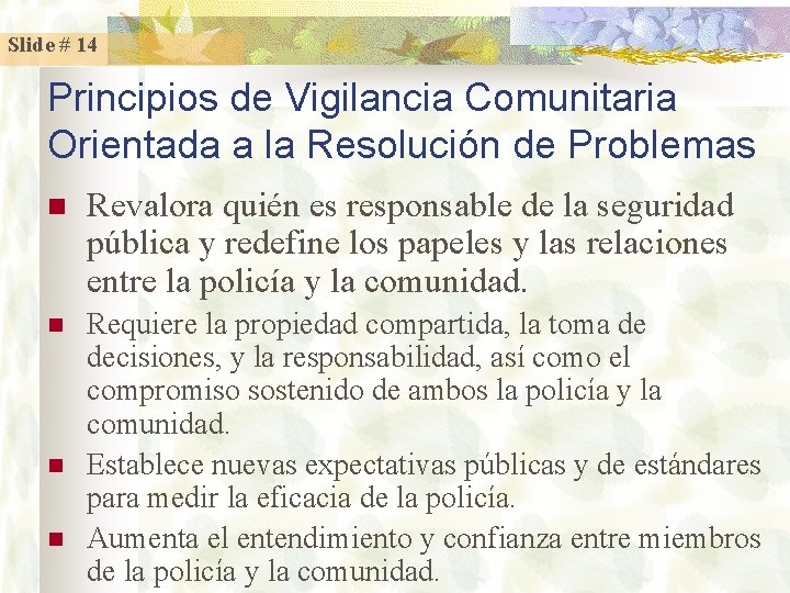 Slide # 14 Principios de Vigilancia Comunitaria Orientada a la Resolución de Problemas n