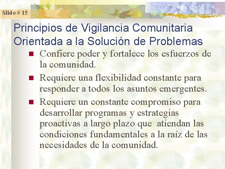 Slide # 15 Principios de Vigilancia Comunitaria Orientada a la Solución de Problemas n