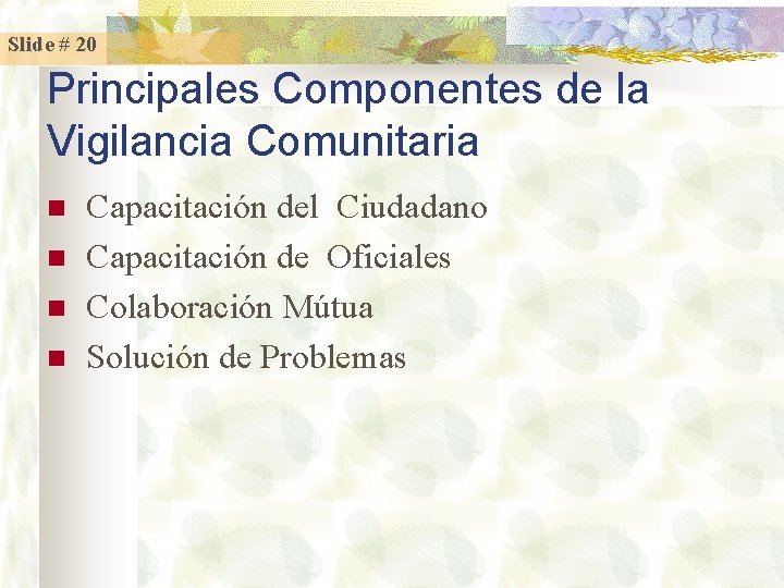 Slide # 20 Principales Componentes de la Vigilancia Comunitaria n n Capacitación del Ciudadano