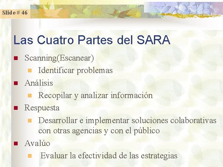 Slide # 46 Las Cuatro Partes del SARA n n Scanning(Escanear) n Identificar problemas