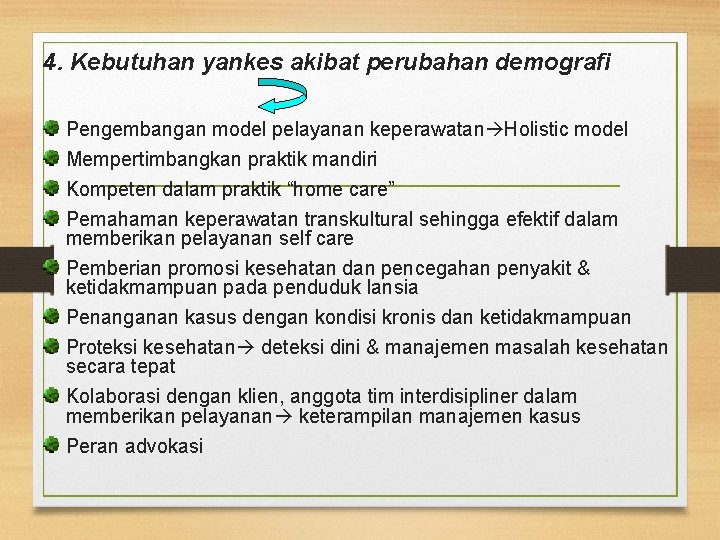 4. Kebutuhan yankes akibat perubahan demografi Pengembangan model pelayanan keperawatan Holistic model Mempertimbangkan praktik