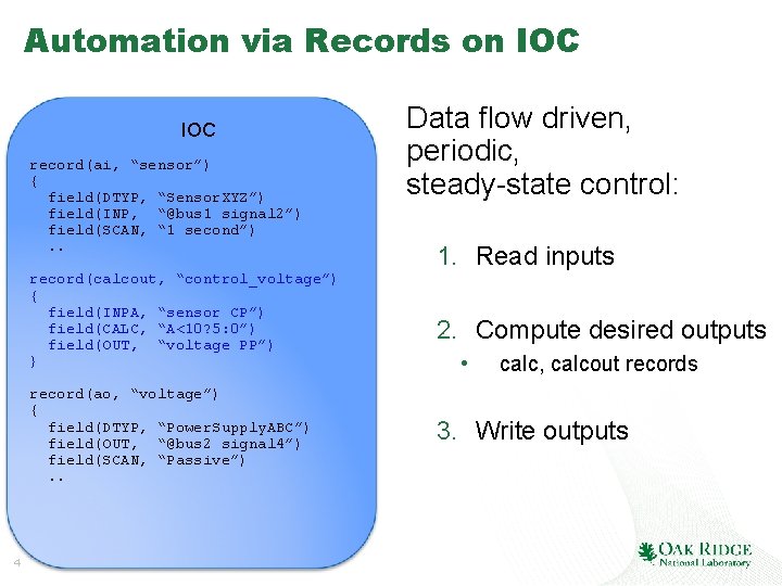 Automation via Records on IOC record(ai, “sensor”) { field(DTYP, “Sensor. XYZ”) field(INP, “@bus 1