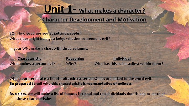 Unit 1 - What makes a character? Character Development and Motivation EQ: How good