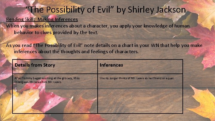 “The Possibility of Evil” by Shirley Jackson Reading Skill: Making Inferences When you makes